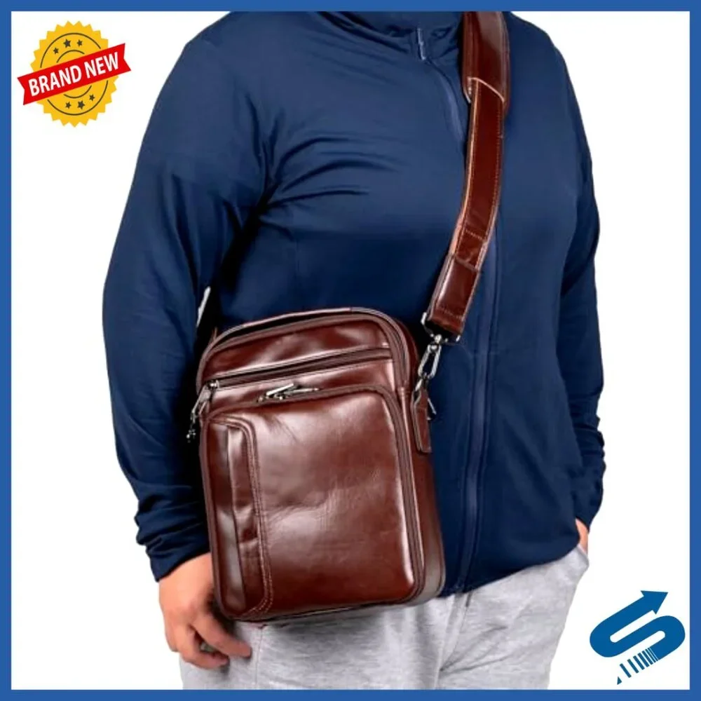Genuine Leather Messenger Bag, Adjustable Strap, 6 Pockets, Travel Organizer